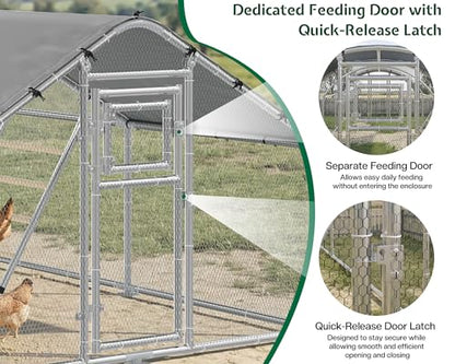 26×10 FT Extra Large Walk-in Chicken Coop, Spire Roof Chicken Run with Cover, Front & Rear Doors, Feeding Door, Roosting Ladder, Galvanized Steel Frame - size: 298.4"L x 118.1"W x 77.6"H