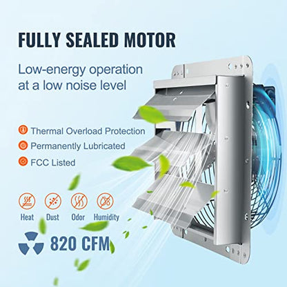 VEVOR 10'' Shutter Exhaust Fan, High-speed 820 CFM, Aluminum Wall Mount Attic Fan with AC-motor, Ventilation and Cooling for Greenhouses, Garages, Sheds, Shops, FCC - size: 10 Inch