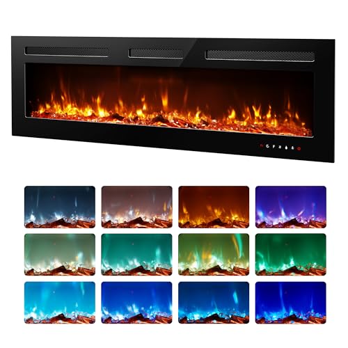 EUHOMY 60 Inch Electric Fireplace Recessed Wall Mounted with Remote Control, Fireplace Heater with Adjustable Flame Color, Linear Fireplace with Timer, Log & Crystal, 750/1500W (2026 Upgrade) - size: Upgrade 60 Inch