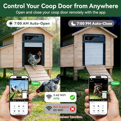 Automatic Chicken Coop Door with Camera, Solar Powered Smart Chicken Door with WiFi App Control, 1080P HD Night Vision, 5000 mAh Battery, Anti-Pinch Safety, Smart Alerts, Space-Saving Roll-Up Design