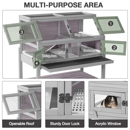 Large Guinea Pig Cages Indoor with Wheels, Wooden Rabbit Hutch with Plastic Floor and Zinc Cool Plate, Anti-Chewing Ramp, Small Animal Habitat with Leakproof Tray for Hamster, Chinchillas, Rats - color: Light Grey