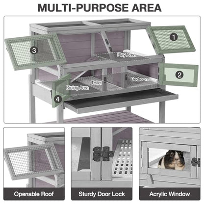 Large Guinea Pig Cages Indoor with Wheels, Wooden Rabbit Hutch with Plastic Floor and Zinc Cool Plate, Anti-Chewing Ramp, Small Animal Habitat with Leakproof Tray for Hamster, Chinchillas, Rats - color: Light Grey