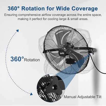 Xcity 18 Inch Metal Wall Mounted Fan, Max 4200 CFM High Velocity Industrial Fan with 3 Speeds & 360°Adjustable Tilt for Warehouse, Workshop, Greenhouse, Commercial - size: 18'' Standard