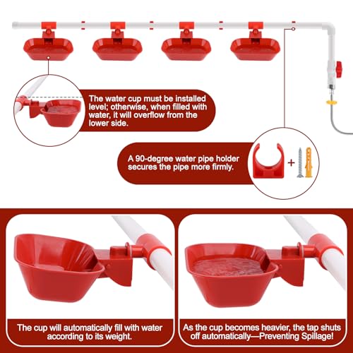 Kalolary Complete Set Automatic Chicken Drinking System, Upgraded Extra Large Poultry Chicken Waterer Cup with Stainless Steel PVC Pipeline，Float Valve and Tank Connector Kit(66 Accessories Included)