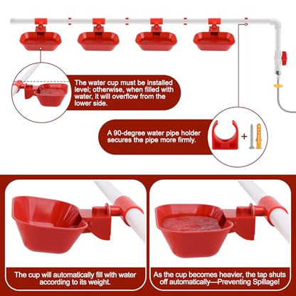 Kalolary Complete Set Automatic Chicken Drinking System, Upgraded Extra Large Poultry Chicken Waterer Cup with Stainless Steel PVC Pipeline，Float Valve and Tank Connector Kit(66 Accessories Included)