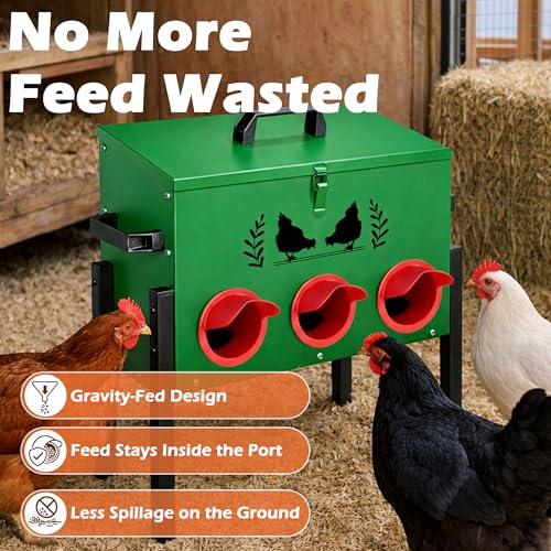30 LB Large Automatic Chicken Feeder, No Waste Metal Poultry Feeder with 8 Ports, Weatherproof Outdoor Dispenser with Adjustable Legs & Locking Lid for Backyard Chickens, Green