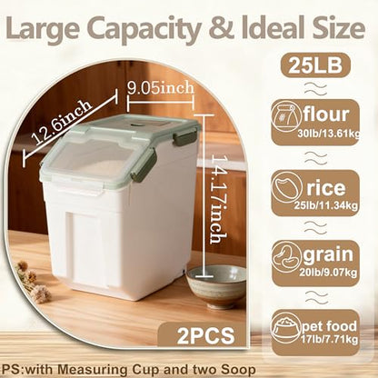 RUIAN Large Airtight Storage Container, 25lb Flour Rice Storage Containers Bin with Wheels Seal Locking Lid, with Measuring Cup&Scoop for Flour, Rice, Grain (Green, 2PCS) - color: Green2Pack 25Lb