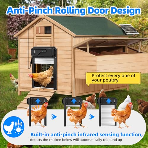 Automatic Chicken Coop Door Solar Powered and 5000mAh Battery, LCD Display Automatic Chicken Door with Timer & Light Sensor & PIR, APP Remote Control Solar Chicken Coop Door