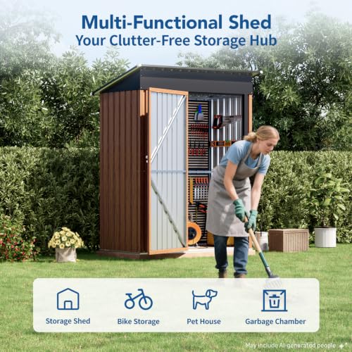 3x5FT Outdoor Storage Shed, Metal Garden Shed with with Floor Base,Updated Frame Structure & Lockable Door, Large Tool Shed for Backyard, Patio,Lawn,Utility & Bike Storage - size: 3x5 FT with Base