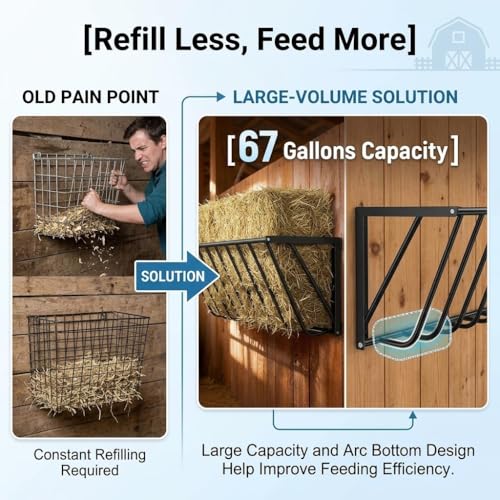 67 Gallon Wall Mount Livestock Hay Feeder Hay Rack | Rustproof carbon steel slat design, space saving wall mount for horse goat sheep farm feeding