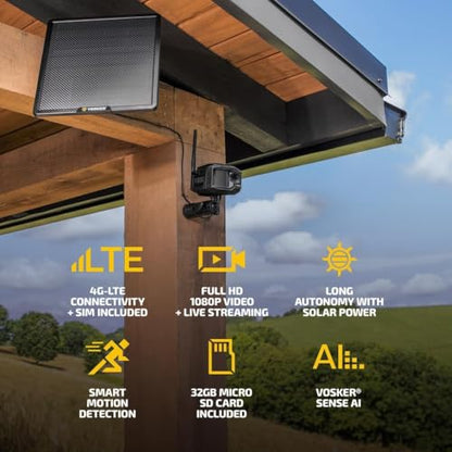 Vosker V300 Ultimate Farmers Pack Outdoor Security Camera with External Solar Panel for Farms Pastures and Greenhouses 4G LTE Black Single Unit with Battery