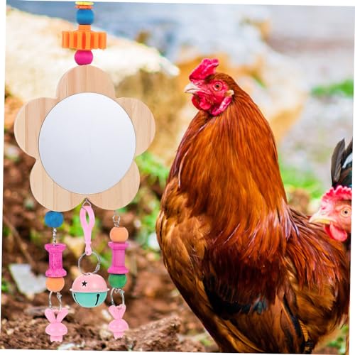Creative Wooden Chicken Hanging Mirror Toy Bell Interactive Rooster and Hen Plaything for Pet Birds for Coop Enrichment and Entertainment
