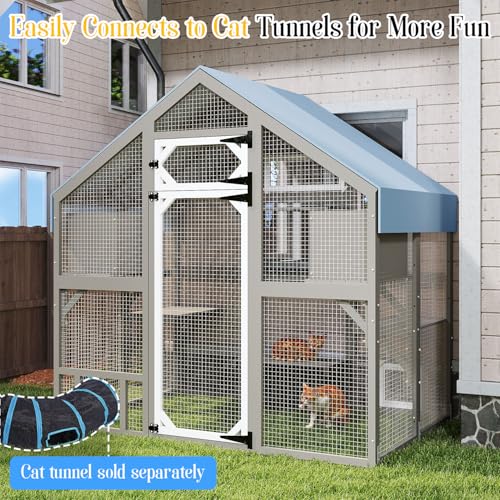 Ketive Cat Catio Outdoor Enclosure for Multiple Cats, Large Wooden Walk-in Cat House with Window Connection, 2 Condos, Platforms, Doors, and Weatherproof Roof Cover (69.5" L x 47" W x 71" H) - size: 69.5"L x 47.0"W x 71.0"H