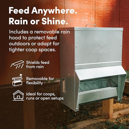 RentACoop Metal Trough Feeder with Lid & Rain Cover – Galvanized Steel, Gravity-Fed, Side View Window, Adjustable Grate for Easy Cleaning – Suitable for Chickens, Ducks, Poultry & More – 25lb Capacity - size: 25LB Capacity