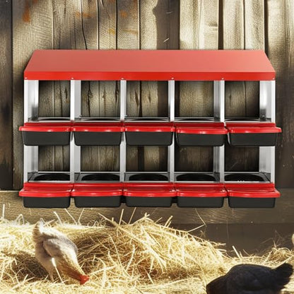 VEVOR Chicken Nest Box, 10-Compartment, 30 to 45 in Stable & Corrosion-Resistant Mental Nesting Boxes with Inclined Nesting Boxes, Bottom Holes & Resting Platform, Fit for Different Chicken Breeds - size: 51.9"L x 20.6"W x 31.1"H