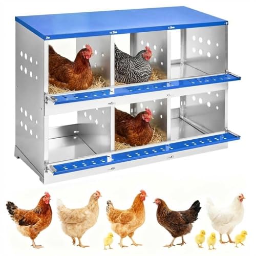 Chicken Nesting Box, Heavy Duty Multi-Compartment Metal Hen Laying Box with Breathable Holes & Resting Platform, Wall Mounted/Floor Rollaway Nest Box for Easy Clean & Egg Collection - color: Blue, size: 6 compartment