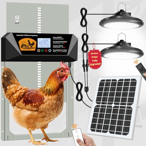 Automatic Chicken Coop Door with Timer & Remote Control, Solar Powered with Dual Lights, 16”x12” Door, Anti-Pinch Alarm, Waterproof Aluminum, 5-Year Warranty for Poultry
