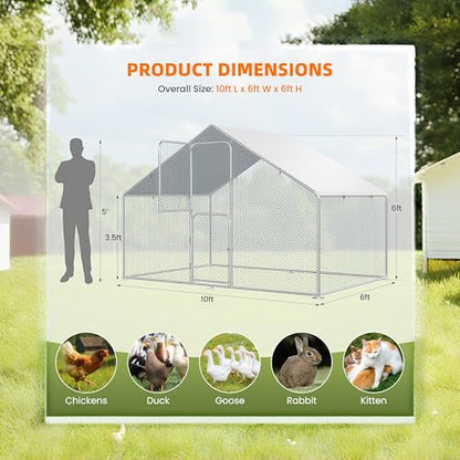 UDPATIO Large Metal Chicken Coop Walk in 6-10 Chicken Run House | Heavy Duty Outdoor Poultry with Protective Cover for Ducks, or Rabbits | Predator-Proof & Weather-Resistant - size: 120.0"L x 72.0"W x 72.0"H
