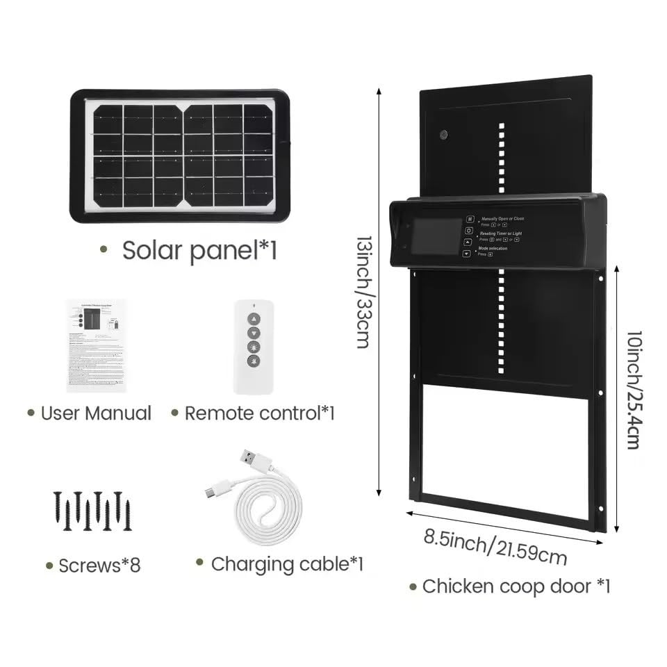 BeyondFeed™ Solar Automatic Chicken Coop Door with LCD Screen – 4 Control Modes (Light Sensor/Timer/Remote/Button), AI Anti-Pinch, Waterproof, Easy Install