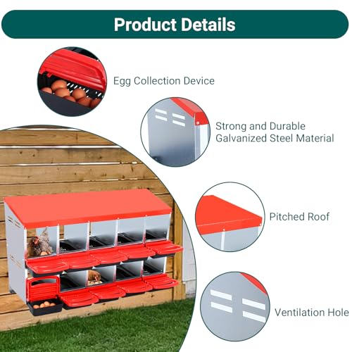 Chicken Nesting Box, 10 Compartment Roll Away Nesting Box for Eggs, Chicken Laying Box with Egg Collection, Cleanable Pull Out Hen Roosting Boxes ﻿ - color: Red, size: 47.2"L x 17.7"W x 35.4"H