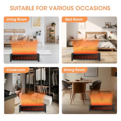 Baseboard Heater, 1500W Electric Heater with Realistic 3D Flame, 12H Timer, Thermostat, Portable Space Heater for Indoor Use, Black