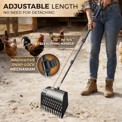 Chicken Poop Scooper & Rake 3 in 1 - Aluminum Alloy Chicken Coop Scoop & Snap-Lock Telescoping Adjustable Handle (16 to 44”), Sand Sifter Shovel for Small Farm Animals US Patent Pending (Sable Black) - color: Sable Black