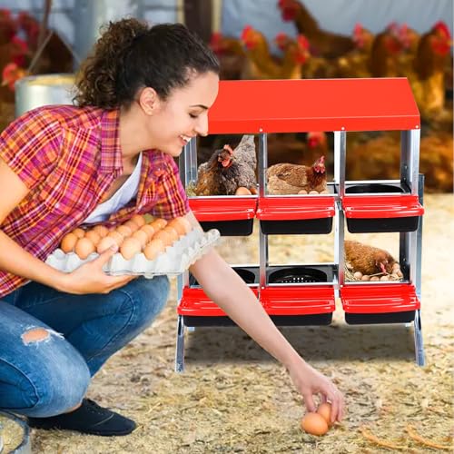 Garvee Chicken Nesting Box, Chicken Laying Box with Egg Collection, Roll Away Nesting Boxes, Metal Egg Laying Boxes for Chickens Coop, Duck Coops and Hens - color: red, size: 6 Compartment
