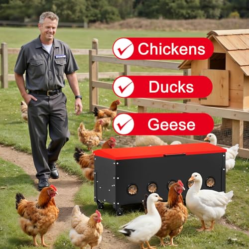 120lbs Automatic Chicken Feeder, Galvanized Steel with Wheels, 10 Feeding Ports & Weatherproof Lid, No Waste, Large Capacity Chicken Feeding Box for Hens, Ducks, Geese - color: 120lbs-Red