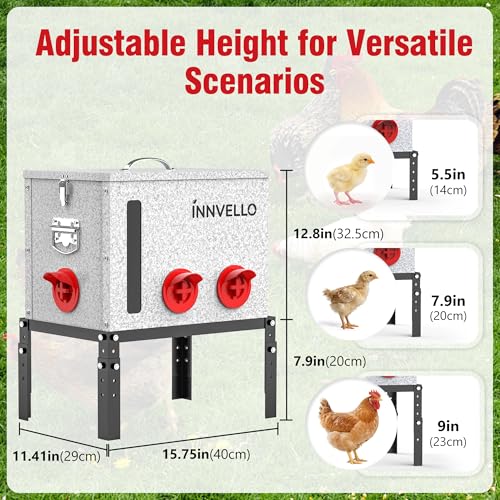 40LB Metal Chicken Feeder with Adjustable Legs - Automatic Gravity Poultry Feeder No Waste - Rat Proof Galvanized Large Chicken Feed Container with 6 Ports & Double Viewing Windows