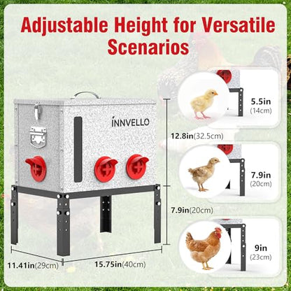 40LB Metal Chicken Feeder with Adjustable Legs - Automatic Gravity Poultry Feeder No Waste - Rat Proof Galvanized Large Chicken Feed Container with 6 Ports & Double Viewing Windows