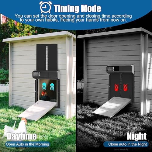 Automatic Chicken Coop Door with Timer, Gear Lifter Poultry Gate,Battery Powered, Evening and Morning Delay, Full Aluminum Door, Automatic Chicken Door Opener with LED Liquid Crystal Display (V-Black)