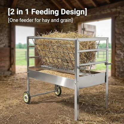 Heavy Duty Wheeled Hay Feeder, 45" Long Stainless Steel 2 in 1 Hay Grain Water Feeder, Mobile Livestock Hay Rack for Goats Sheep Horses Cattle Cows Outdoor Farm Ranch Use