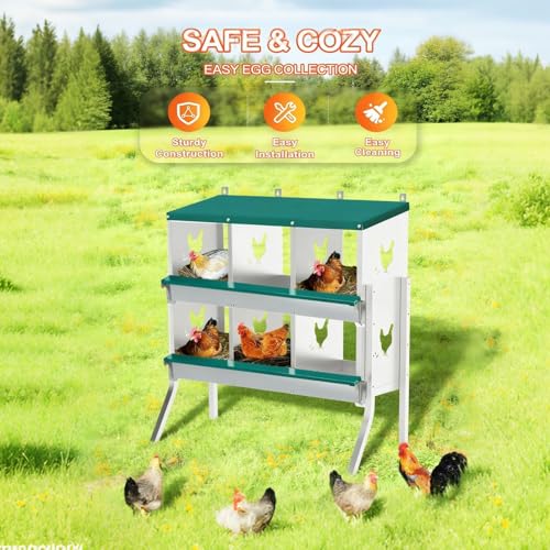6-Compartment Chicken Nesting Box, Heavy Duty Galvanized Steel Poultry Nest Box, Wall Mount/Freestanding Design for Hens, Ducks, Backyard Homesteads & Farm Use, Green, 10 Mats &4 Eggs, with Stand - color: Green, size: 6 Room&Mat eggs