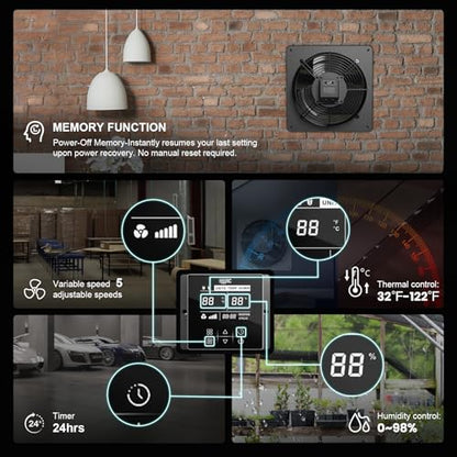 10 Inch Shutter Exhaust Fan, 576 CFM Wall Mounted Attic Fan with Temperature Humidity Controller, Automatic Shutter, Ventilation and Cooling for Greenhouse, Garage, Studios, Workshops - size: 10 Inch