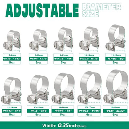 OURU 52PCS Fuel Line Clamp Assortment Kit 304 Stainless Steel,10 Sizes Adjustable 9/32"-23/32" Dia (7-18mm) Mini Fuel Injection Gas Line Hose Clamps,Pipe Clamp for Automotive,Diesel Petrol Pipe - size: 52PCS 9/32"-23/32" (7-18mm)