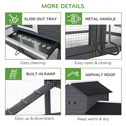 PawHut 84" Wooden Chicken Coop, Hen House Outdoor with Run Nesting Box, Asphalt Roof, Removable Tray, Ramp, Poultry Cage for 2-3 Chickens, Gray - color: Gray