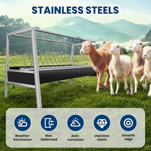 62" L Goat Hay Feeder 92 Gallon Large Capacity, Rubber 2-in-1 Hay & Grain Feeder for Goats, Sheep, Horses | Freestanding Outdoor Farm Livestock Feeder, Easy Assembly(Rubber Tray)