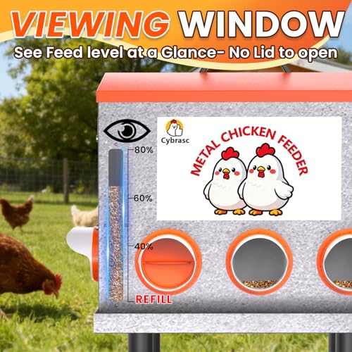 10-Gal 55LB Metal Chicken Feeder with Window, Dual No-Waste Design, Automatic Large Chicken Feeder for Outdoor Coops, Rust-Proof Alloy Steel Poultry Feeder with Adjustable Legs