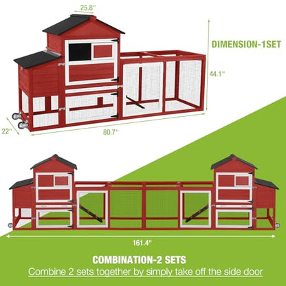 GUTINNEEN Chicken Coop Mobile Hen House On Wheels Easy to Move Wooden Poultry Cage with Nesting Box,Opening Wire Netting Roof,Red - color: Red