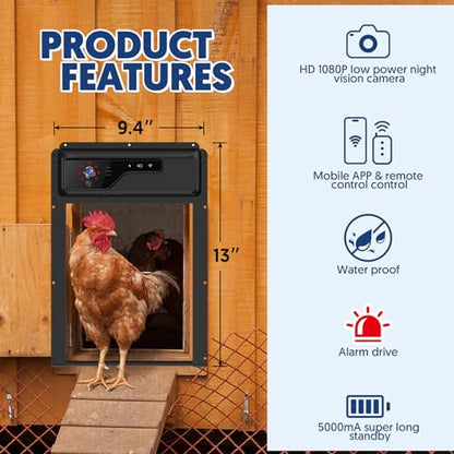 Automatic Chicken Coop Door with WiFi HD1080P Camera,Auto Solar Chicken Coop Door Opener with Timer, APP Remote Control, 5000mA Battery, Night Vision, Alarm Drive (Black, 13.01in*9.4in*6.2in)