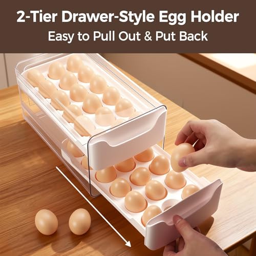 36-Egg-Holder for Fridge, Egg-Storage for Refrigerator Countertop, 2 Tier Dispenser with Drawer, Stackable Clear Egg Tray Container, Egg Organizer, Fits Large Eggs, White - size: 2 Tier-White