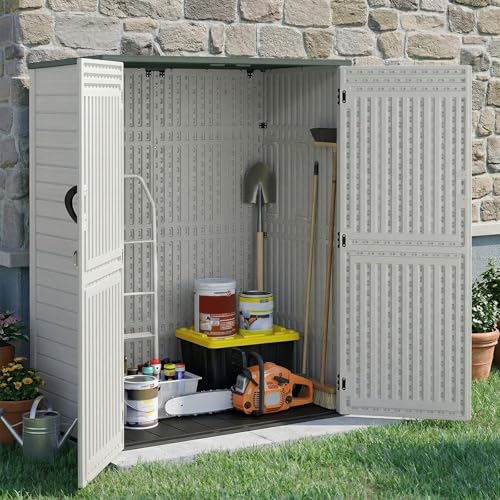 EHHLY Vertical Resin Storage Shed, 60 Cuft Garden Tool Sheds & Outdoor Storage, Plastic Outdoor Storage Cabinet Waterproof, 4.5 x 2.3 ft Backyard Outside Lawn Mower Storage Shed, Light Grey - color: Light Grey, size: 60 Cuft/No Shelves