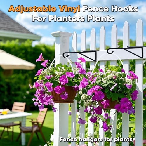 4Pack Adjustable Vinyl Fence Hooks Fit Fence Widths 0.75-3 Inch, Heavy Duty Vinyl Fence Plant Hangers for Hanging Plant Bird Feeders, Lights, Basket Over the Fence Hanger for Hanging Plant Outdoor