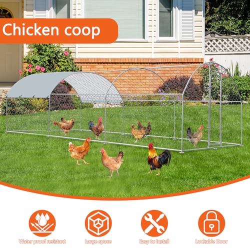 Outdoor Metal Chicken Coop Large Walk-in Poultry Cage Spire-Shaped Chicken Run with Waterproof and Anti-Ultraviolet Cover for Outside,Backyard and Farm,14.7' L*9.8' W*6.4' H - size: 176.4"L x 117.6"W x 76.8"H