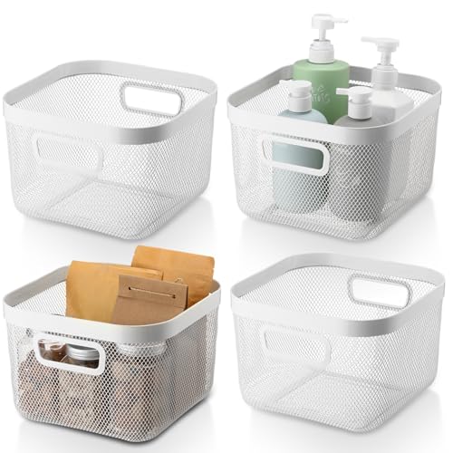 MorningRo 4 Pack Metal Mesh Basket with Hollow Handles White Wire Storage Bin for Organizing Stackable Metal Fine Mesh Basket for Pantry Bathroom Kitchen Cabinets Shelves (Medium) - color: White, size: Medium