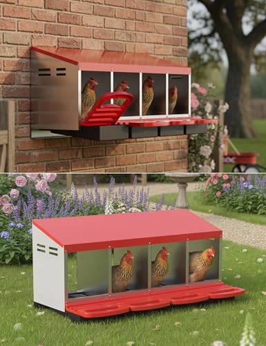 4 Hole Roll Away Chicken Nesting Box - Chickens Laying Box with Removable Tray, Easy Egg Collection & Cleaning, Metal Nesting Boxes for Backyard, Farm, Poultry Coop - color: red, size: 4 Compartments