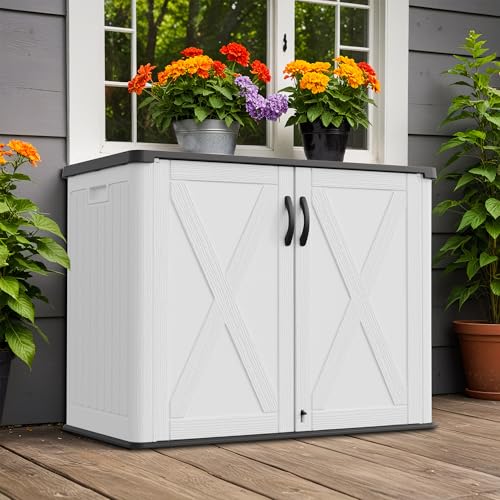 Greesum Outdoor Storage Cabinet, 26 CUFT Deck Box Without Shelves, Waterproof Plastic Storage Shed for Patio Cushions, Gardening Tools, Sidehandles and Lockable, UV Resistant, White - color: White Modern, size: 26 Cuft / Modern