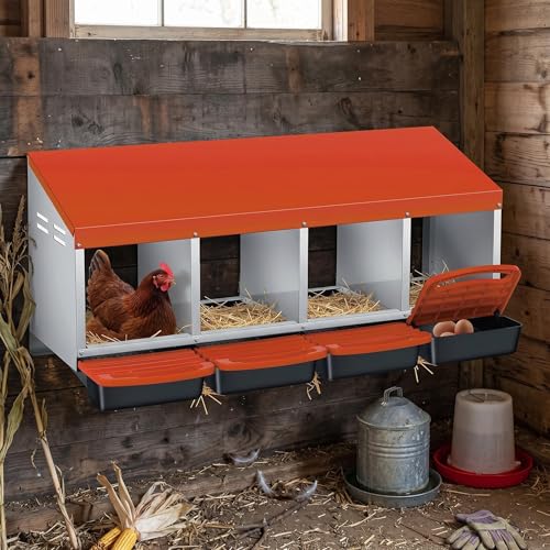 Metal Chicken Nesting Box - Heavy Duty Roll Away Nesting Boxes for Chickens Coop with Easy-Collect Tray & Lid, 4 Hole Galvanized Steel Egg Laying Boxes for Hens Ducks, Wall Mount or Freestanding - color: Orange, size: 4 Holes