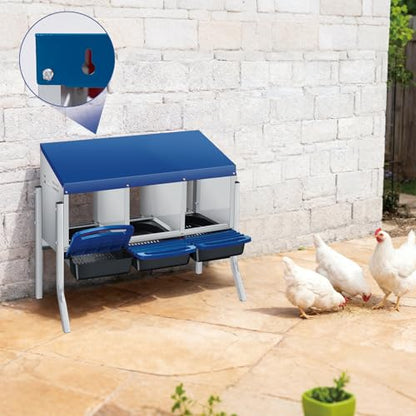 3 Hole Roll Away Chicken Nesting Box - Chickens Laying Box with Removable Tray, Easy Egg Collection & Cleaning, Metal Nesting Boxes for Backyard, Farm, Poultry Coop, with Bracket Legs - color: blue, size: 3 Compartments with legs