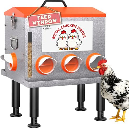 10-Gal 55LB Metal Chicken Feeder with Window, Dual No-Waste Design, Automatic Large Chicken Feeder for Outdoor Coops, Rust-Proof Alloy Steel Poultry Feeder with Adjustable Legs